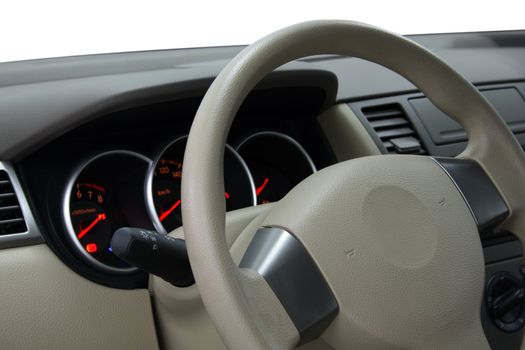 Modern car steering wheel closeup shot 