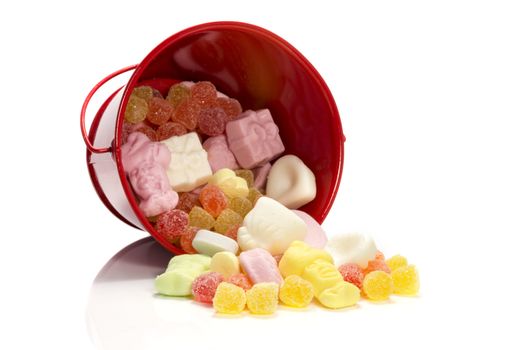 red bucket with candy for the childrens party sinterklaas in december in Holland