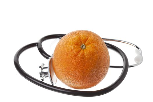 Close-up image of a orange with a stethoscope displayed on white background.