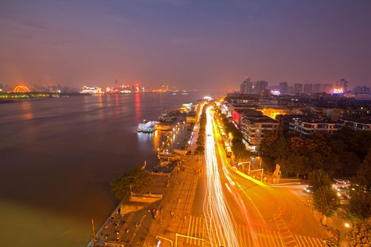 Aerial view of Skyscraper in Wuhan Cityscape at dusk, Hubei China