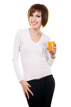 Lovely young woman with a glass of fresh juice against white background 