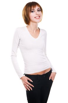 Pretty young woman's portrait, white background