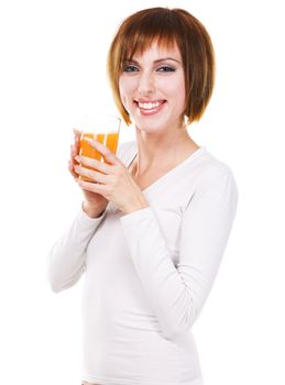 Lovely young woman with a glass of fresh juice against white background 