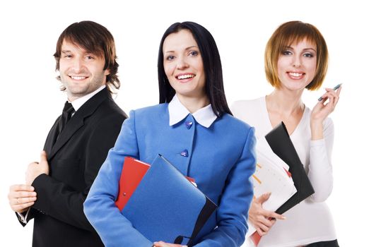 Group of young business people against white background