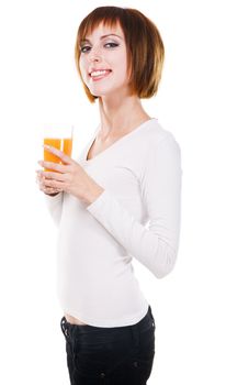 Lovely young woman with a glass of fresh juice against white background 