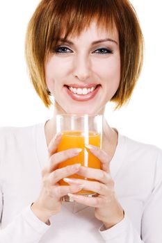 Lovely young woman with a glass of fresh juice against white background 