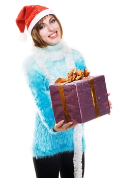 Lovely girl with Christmas gift against white background