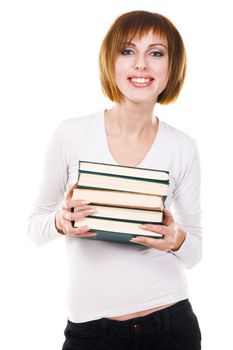 Lovely girl with a stack of books, white background