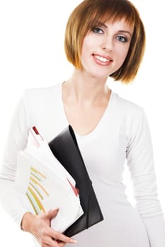 Cheerful girl with folders and business papers, white background 