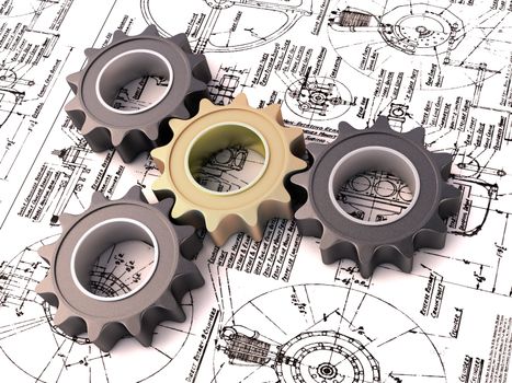 Pinion gear close-up on a blueprints background