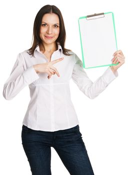 Beautiful young businesswoman with a worksheet, white background 