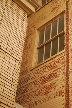 Two different old, brick buildings join at this corner