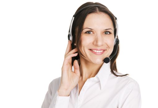 Young beautiful call center operator, white background