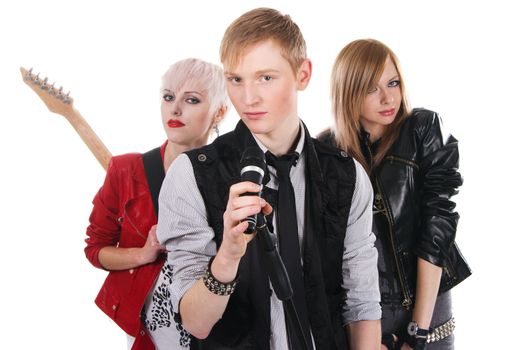 Teenage rock band against white background