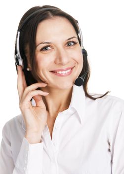 Young beautiful call center operator, white background 