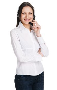 Young beautiful call center operator, white background 