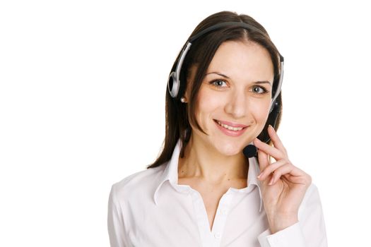 Young beautiful call center operator, white background