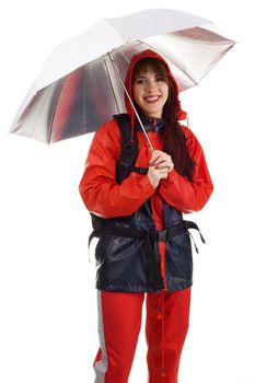 Girl in a waterproof suit, isolated on white background