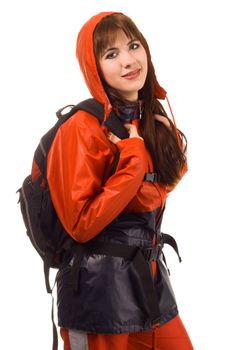 Girl in a waterproof suit, isolated on white background