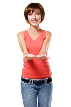 Lovely girl holding up emty hands, white background 