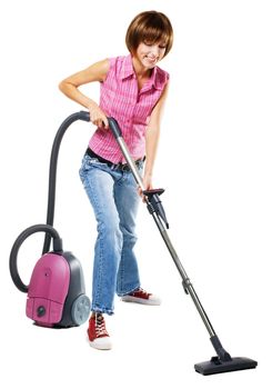 Young cheerful woman with vacuum cleaner, isolated on white 