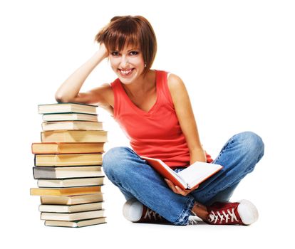 Lovely student with a stack of books, isolated on white 