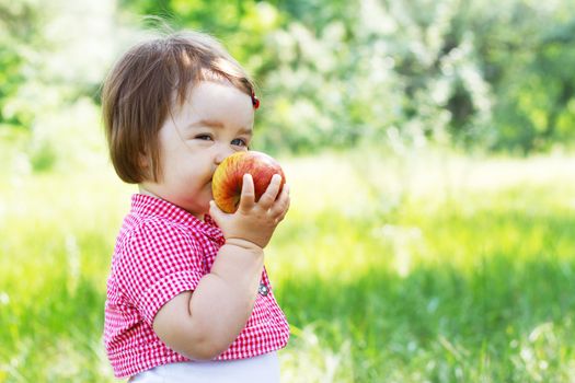 Cute child on a picnic, eating a big fresh apple