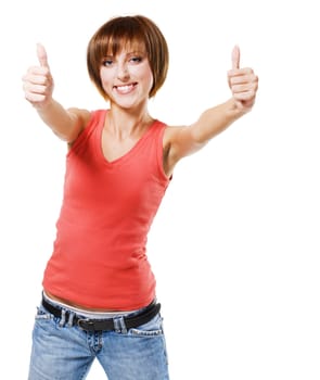 Young beautiful woman showing "Thumbs up" sign. Isolated on white background 