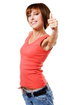 Lovely girl showing "Thumbs up" sign, white background 