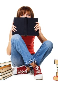 Lovely student girl with a stack of books, white background