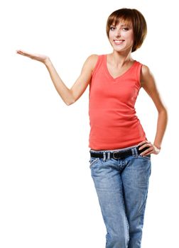 Lovely girl holding something imaginary, white background 