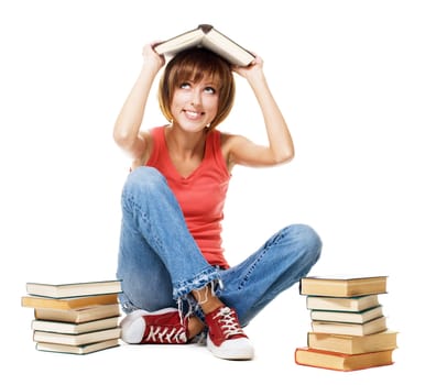 Lovely student girl with a lot of books, white background