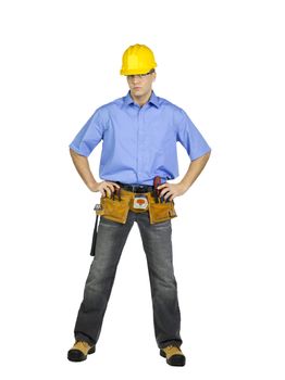 Construction worker wearing a hard hat and construction tools on his tool belt