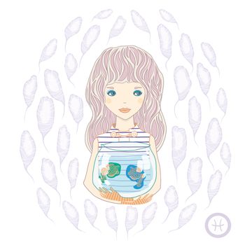 Horoscope. Zodiac signs- Pisces. Raster illustration of the girl.