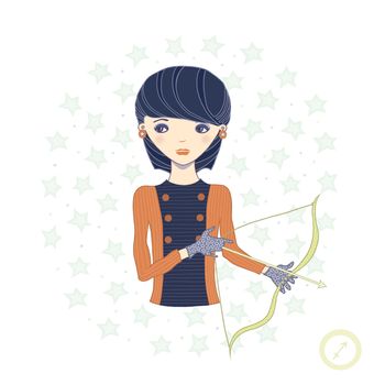 Horoscope. Zodiac signs- Sagittarius. Raster illustration of the girl.