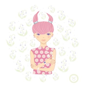 Horoscope. Zodiac signs Taurus. Raster illustration of the girl.