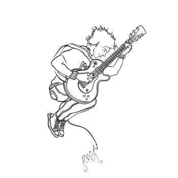 The musician plays a guitar in a jump.