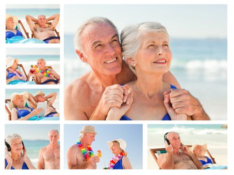 Collage of an elderly couple spending time together on a beach