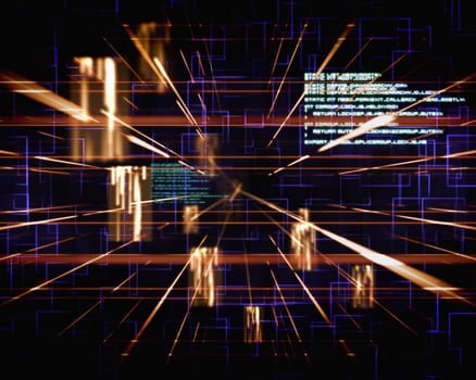 Blue and orange lines next to screens against a black bckground