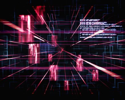 Pink and blue lines next to screens against a black background