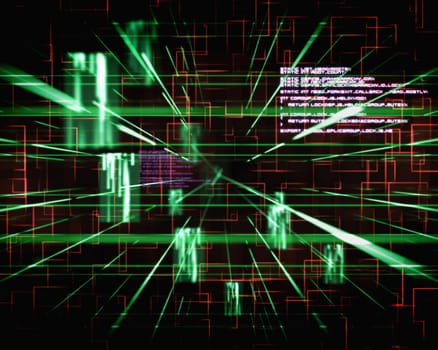 Green and red lines next to screens against a black background