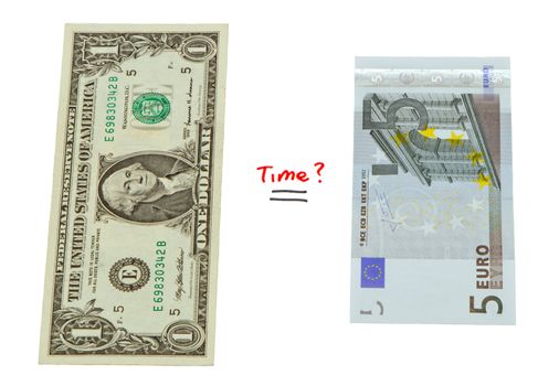 Concept compare USD dollar and European euro paper money.