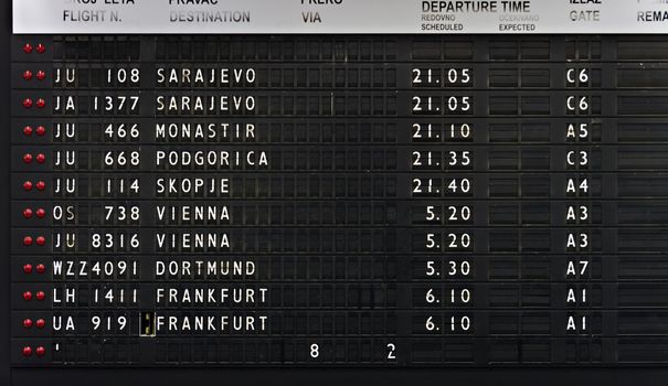 Split Flap Mechanical Departures Board Display on Nikola Tesla Airport in Belgrade, Serbia