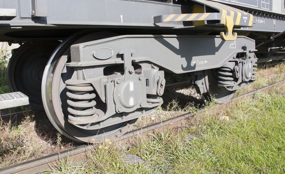 old metal train wheels on railroad track