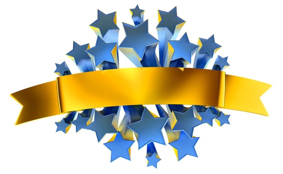 emblem with moving stars and golden metallic ribbon