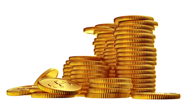 Stacks of golden dollar coins on white background