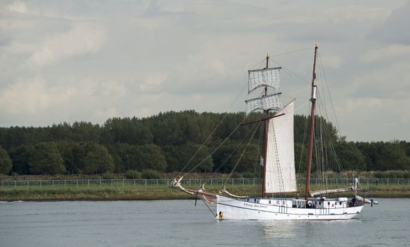 ROTTERDAM,NETHERLAN DS - OCTOBER 10:The ship Flying dutchman sails out of the Rotterdam harbor,on October 10,2012 in Rotterdam,Netherlan ds. The ship is sailing the Race of Classics Young Professionals