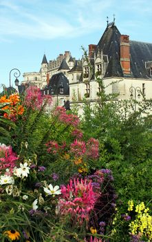 Vertical view of Amboise Castle with flowers, Loire Valley, France