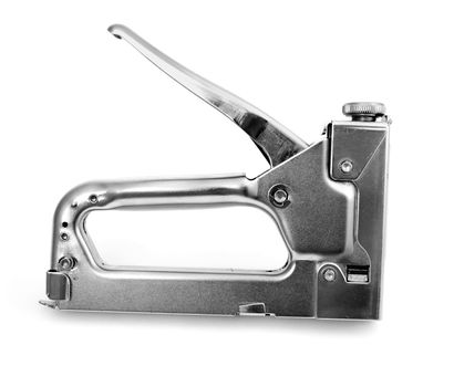 Metal stapler is placed on a white background