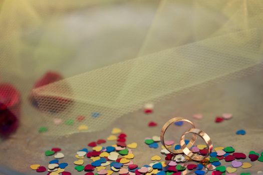 wedding rings on the background of light green tulle and hearts in placers